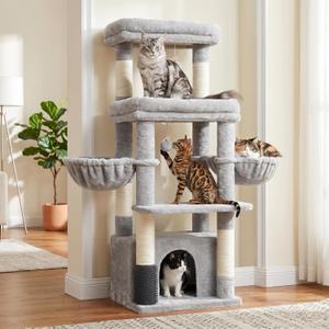 Hey-brother Cat Tree Tower, Scratching Posts with Extra Large Platform, Specious Condo, 2 Cozy Hammocks, Self-Grooming Brush for Indoor Adult Cats, Maine Coon 51.1 inches, Light Gray MPJ070W