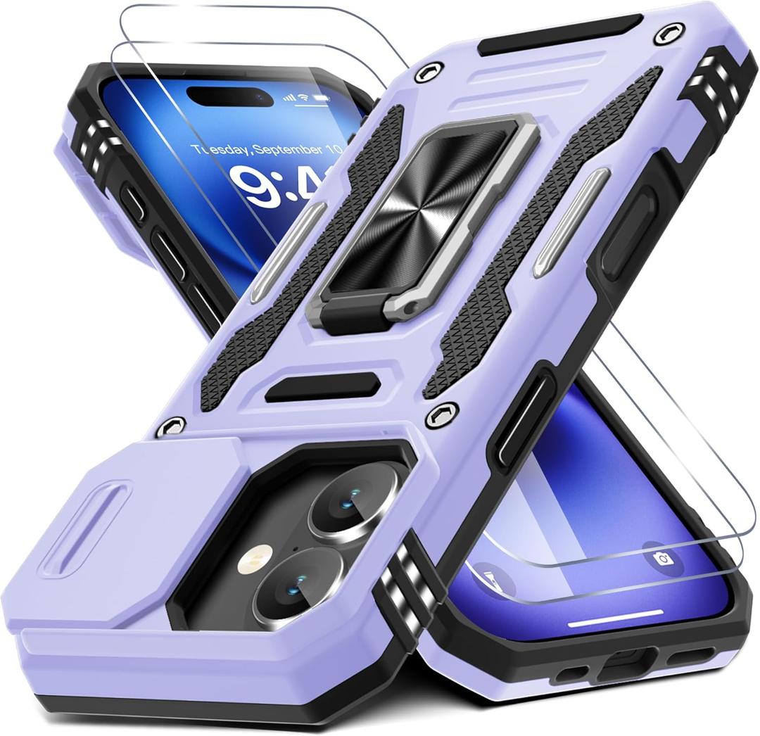 DEERLAMN Case for iPhone 17 6.3-Inch with Slide Camera Cover + Screen Protector (2 Packs), Rotated Ring Kickstand Military Grade Shockproof Protective Cover-Light Purple