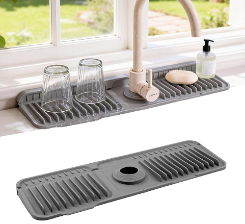 ZJWZLG Faucet Mat for Kitchen Sink, 17.7"X5.5" Silicone Sink Splash Guard with Soap Holder, SnapOn Design & 7°slope Fast Drain, Folding Sink Faucet Mat for Universal Kitchen Bathroom Sink（Grey）