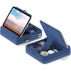 KDD Tablet Pillow Stand with Storage, Foldable iPad Holder for Lap, Desk and Bed, Angle Adjustable Soft Pad Dock with Stylus Mount Compatible with iPad Pro, Air, mini, Book, Phone and Tablet (4-13") (Dark Blue)