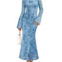 ZESICA Women's Long Sleeve Floral Bodycon Dress 2026 Spring Fall Ruched Mesh Wedding Guest Cocktail Party Maxi Dresses, Light Blue, S