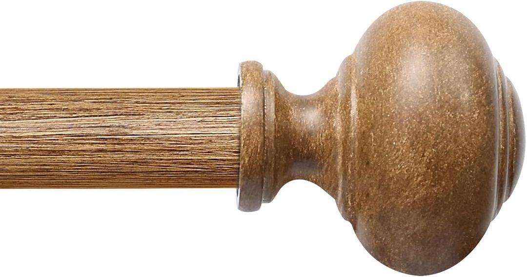Wood Curtain Rods for Windows 32 to 48 or 60 Inch,1 Inch Heavy Duty Curtain Rod with Imitation Wood Grain Finials, Boho Adjustable Drapery Rods of Window Treatment