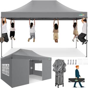 COBIZI 10x15 Heavy Duty Pop up Canopy Tent with 4 sidewalls, Commercial Outdoor Tents for Parties,Backyard Event, Wedding, All Season Waterproof Event Shelter with Carry Bag, Gray(Frame Thickened)