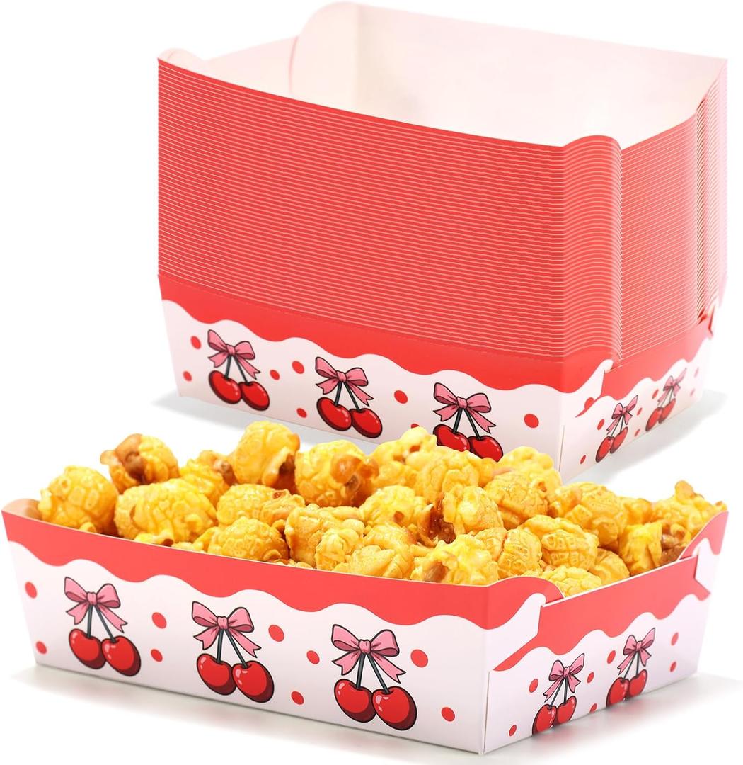 50pcs Cherry Food Trays, Kraft Paper Food Holder Trays Cherry Serving Snack Boats Birthday Paper Serving Hot Dog Plates Fruit Theme Party Supplies for Birthday Decorations