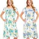 JEFFRICO 2 Pack Long Nightgowns for Women - Short Sleeve Soft Womens Nightgowns & Sleepshirts (Large, Blue Green Hibiscus)