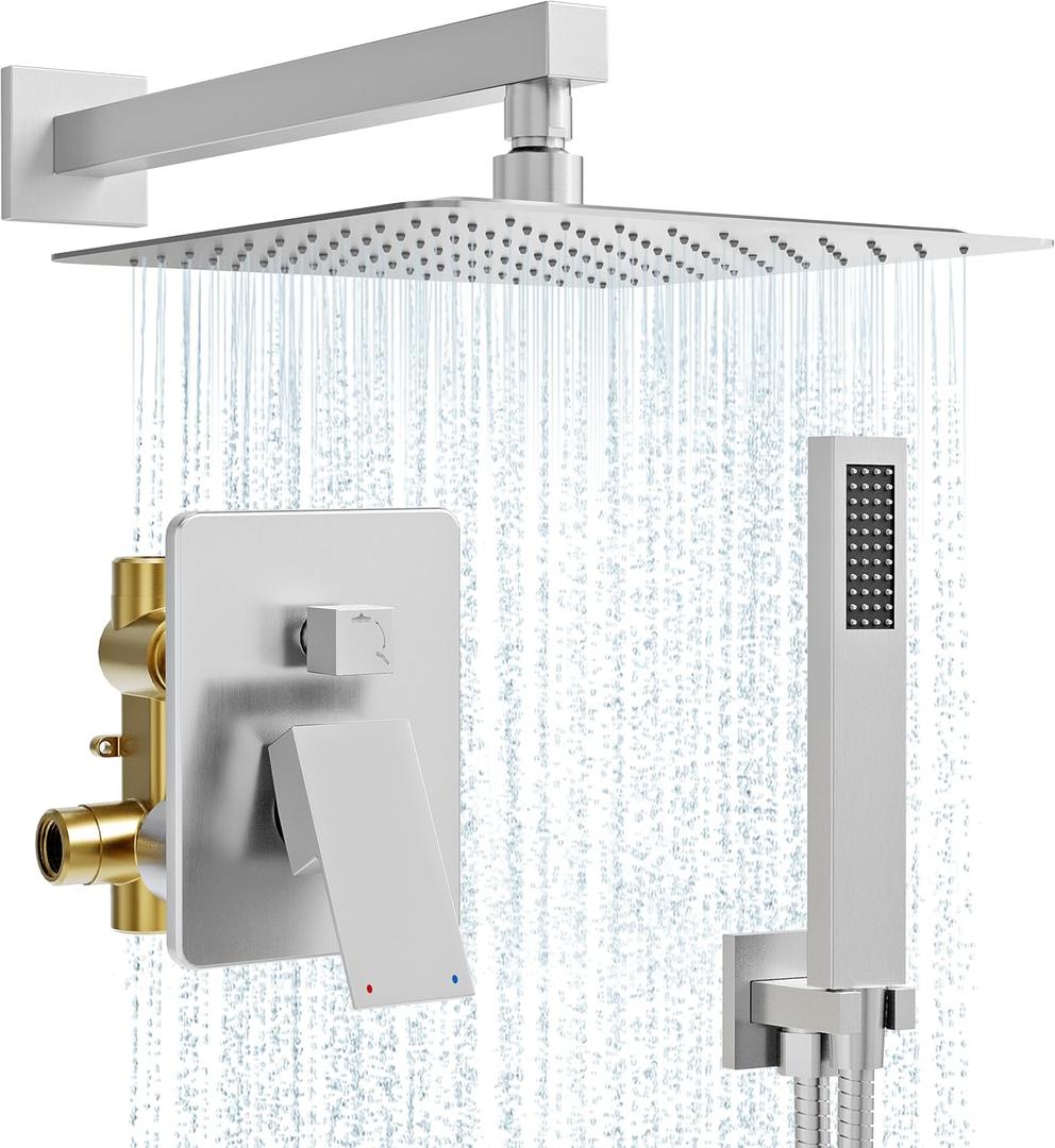 Shower System, 10'' High Pressure Brushed Nickel Shower Head with Handheld Spray Combo, Included 59'' Shower Hose, Shower Trim Kit and 2-IN-1 Diverter, Bathroom Shower Faucet Set with Valve
