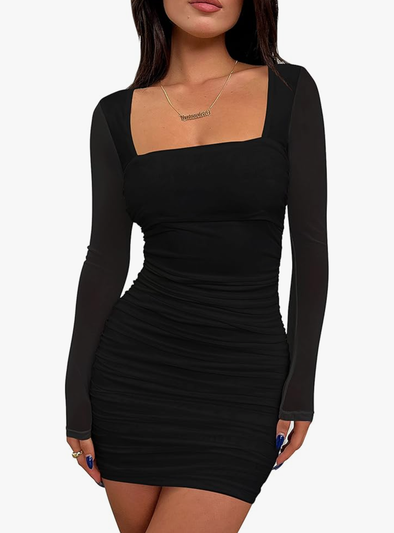 BORIFLORS Women's Sexy Ruched Bodycon Mini Dress Mesh Long Sleeve Club Party Short Dresses, Small