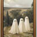 Glod Framed Vintage Landscape Wall Art, Cute Ghost Wall Decor, Aesthetic Halloween Decor Wall Art for Bedroom (9.5''x12'')