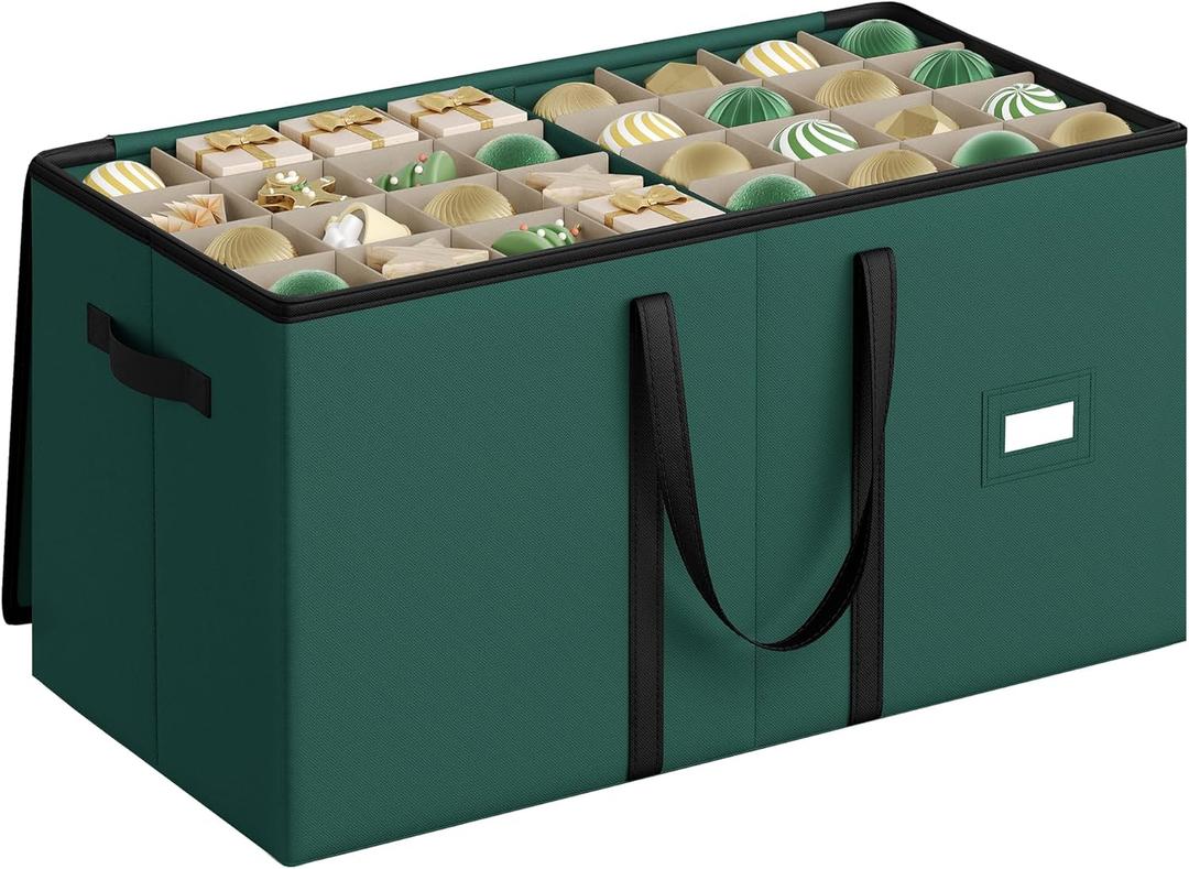 SONGMICS Christmas Ornament Storage Box, 3 Inches 128 Slots, Stackable Christmas Storage Container with Lid, Dual Zippers, Adjustable Dividers, Non-Woven Fabric, Forest Green URFB039C01