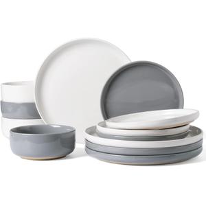 Famiware Milkyway Plates and Bowls Sets, 12 Pieces Stoneware Dinnerware Sets, Dishes Set for 4, White & Dark Gray