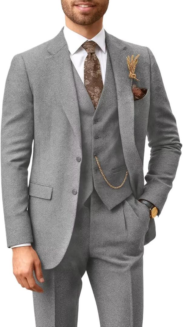 Men's 3 Piece Tweed Suit Retro Herringbone Lapel Blazer Vest Pants Set for Wedding Business (Large, Light Grey)