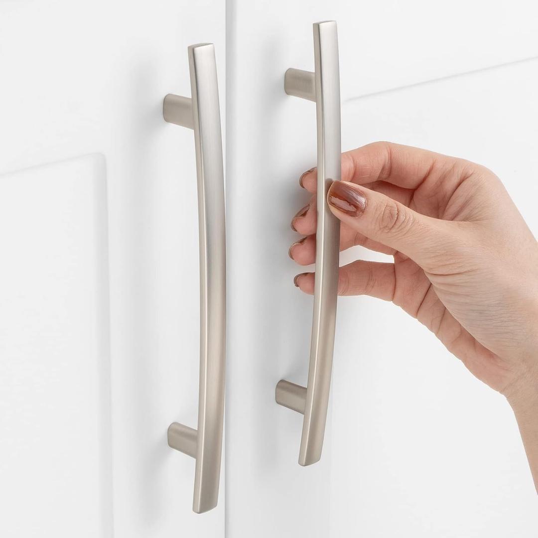 10 Pack 5 Inch Hole Centers, Curved Brushed Nickel Cabinet Pulls Satin Nickel Cabinet Handles Silver Kitchen Hardware for Cabinets ZP2204 Drawers Bedroom Dresser Bathroom Vanity Cupboard Closet