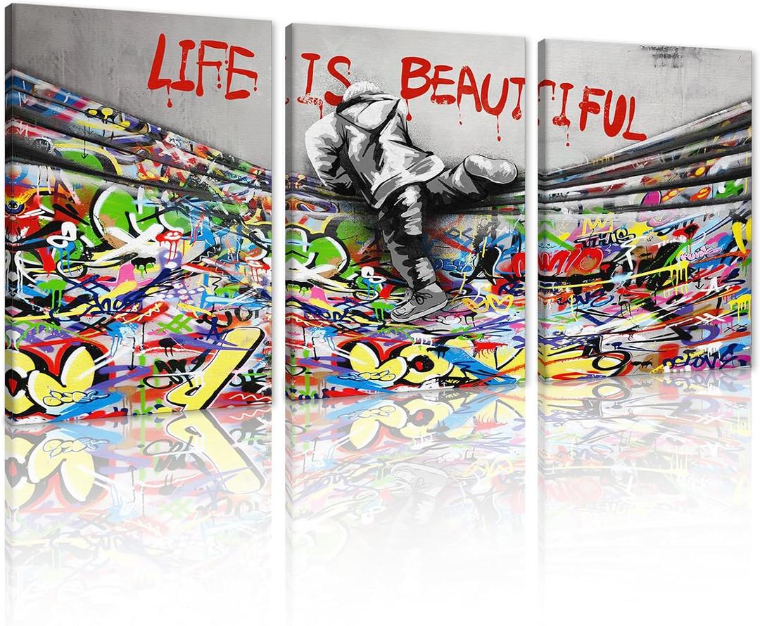 Life is Beautiful Wall Art Colorful Curtain and Boy Poster Pop Culture Art Graffiti Picture Canvas Print for Living Room Bedroom Decor Framed and Ready to Hang 20x28inchx3Pcs