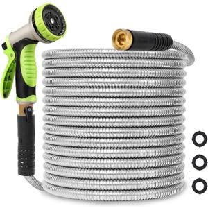 Metal Garden Hose 25ft Stainless Steel Hose Heavy Duty Flexible Water Hose with 10 Way Spray Nozzle 3/4 Solid Brass Fittings-Outdoor Yard Lightweight No Kink Leak Resistant Water Pipe