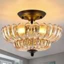 Modern Semi Flush Mount Ceiling Light, 3-Light Black Close to Ceiling Light Fixture with Amber Glass Shade for Living Room Entryway Bedroom