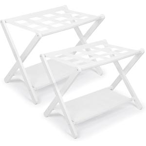 VASMIA Luggage Rack,Bamboo Suitcase Stand with Storage Shelf,Set of 2,Folding Luggage Stand for Guest Room,Hotel,Bedroom,Heavy-Duty, Holds up to 131 lb, White,VLR03W02