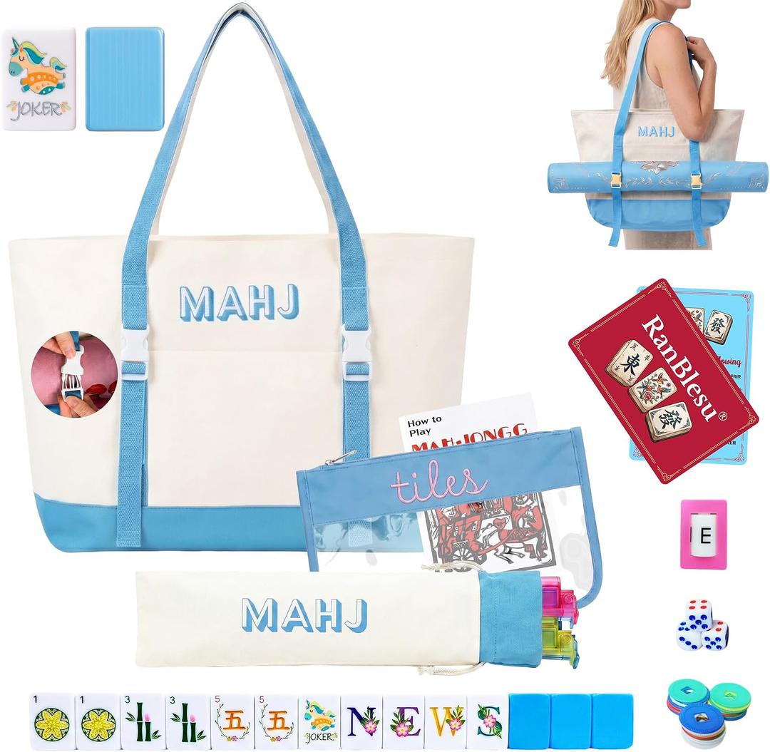 American Mahjong Tile Set, 166 Premium Blue Tiles, 4 All-in-One Color Racks/Pushers, Mahjong Accessories Mahjong Set Complete with Bag (Ma Jong, Mah-Jongg, Majiang)