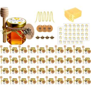 Ahhute Honey Pot, Mini Honey Jars with Dipper, Glass Honey Jars Baby Shower Favors, Party Favors & Wedding Favors, Lid, Bee Pendants, Gold Fabric Ribbons and Gold Organza Bags, 40 Pack 1.5oz