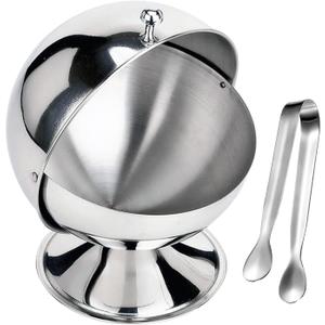 Sugar Bowl with Roll Top Stainless Steel Spherical Candies Bowl with 4.3 Inch Sugar Tong Stainless Sugar Clip for Kitchen Coffee Bar Beverage Household