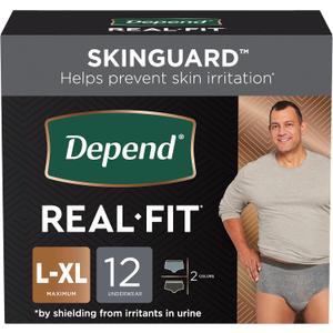 Depend Real Fit Incontinence Underwear for Men with Maximum Absorbency, Large/X-Large, 12 Count (Black / Grey)