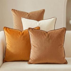 Mecatny Set of 4 Velvet Throw Pillow Covers 18x18, Soft Colorful Accent Decorative Couch Pillow Covers for Sofa Bedroom Living Room, Brown/Khaki