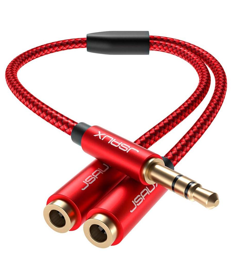 JSAUX Headphone Splitter 3.5mm, Audio Splitter 2 Female to 1 Male, Dual Headphone Adapter Compatible with PS4, PS5, Xbox, Nintendo Switch, PC Gaming Headsets, Phone, Tablet, Laptop and More-Red (0.9ft)