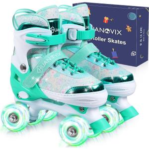 Adjustable Kids Roller Skates for Girls Boys Toddlers Teens Youth | 4 Sizes in 1, 4‑Wheel Quad Skates,Light Up Wheels,for Children Adult Indoor Outdoor Sports,Birthday Gifts, Teal, M-Big Kid-1-4 