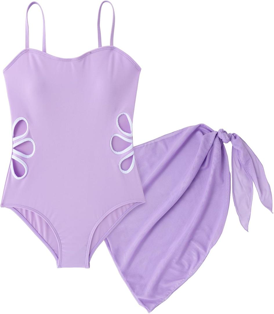 SEAUR Girls Cut Out One Piece Swimsuit with Cover Up Skirt Bathing Suit Swimwear 7-16 Years (11-12 Years, Purple)