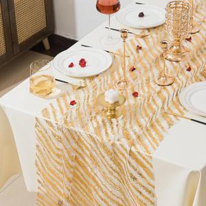 3 Pcs Gold Table Runners, 28In x 10 Ft Sheer Chiffon Tulle Cheesecloth with Glitter Metallic Foil, Golden Sequin Gauze Runner for Wedding, Birthday, Baby Shower, Anniversary Party Decor, Striped