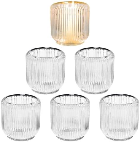 3 Pack Clear Glass Votive & Taper Candle Holders (3.5 Inch) - Thick Ribbed Tea Light & Candlestick Holders Set for Rustic Farmhouse, Living Room, Dining Room Decor