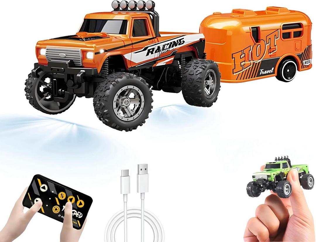 Mini RC Car, 1/64 Scale Mini Remote Control Monster Truck with Trailer, 2.4Ghz & APP Remote Control, Rechargeable Alloy Shell Mini RC Cars with Lights, Speed/Steering Adjustable (Orange)