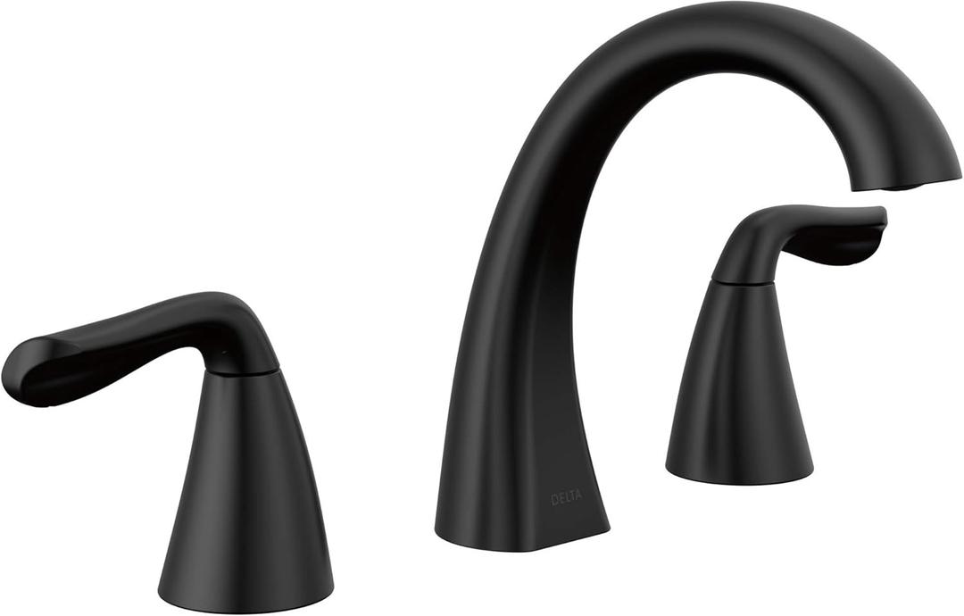 Delta Arvo Matte Black Bathroom Faucet 3 Hole, 8 Inch Widespread Bathroom Sink Faucet for Vanity, Push-Pop Drain Assembly, Matte Black 35840LF-BL