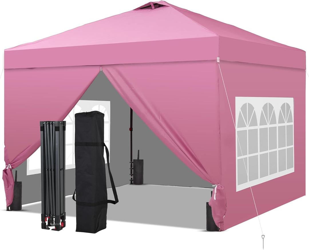 GDY 10x10FT Pop-Up Canopy Tent — with 4-Side Walls & Vented Top, Portable Outdoor Event Tent for Garden, Poolside, Parks, Parties,Camping, Pink.