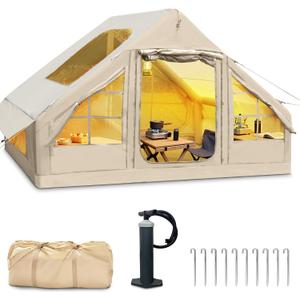 Inflatable Tent for Camping 4-6 Person, Blow Up Glamping Tents with Pump, Quick Setup Cabin Air House with Panoramic Skylight and Front Canopy, Waterproof Oxford Family Outdoor Shelter, Beige