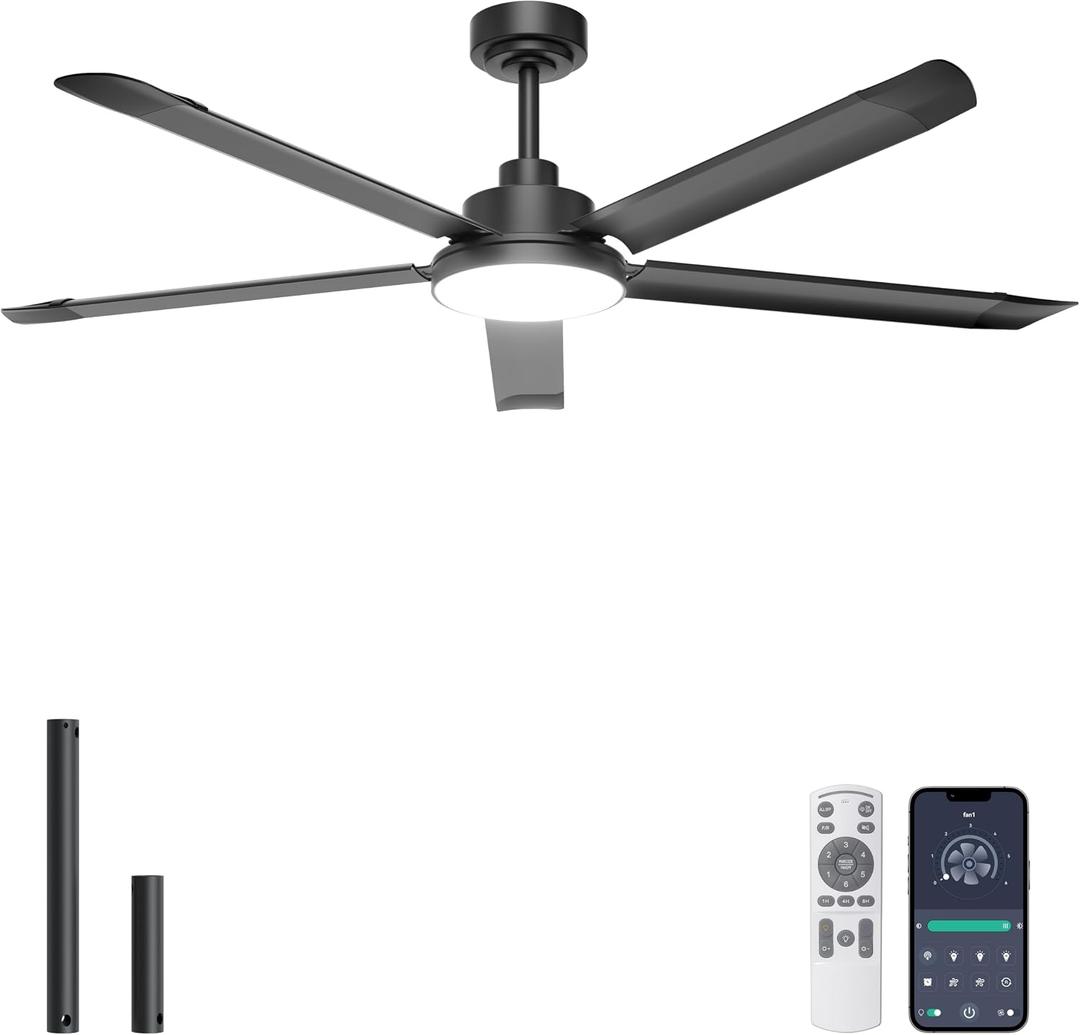 Ohniyou 60'' Ceiling Fan with Lights, Industrial Ceiling Fan with 5 Aluminum Blades, App/Remote Controlled, Dimmable, for Outdoor Patio, Living Room, Black