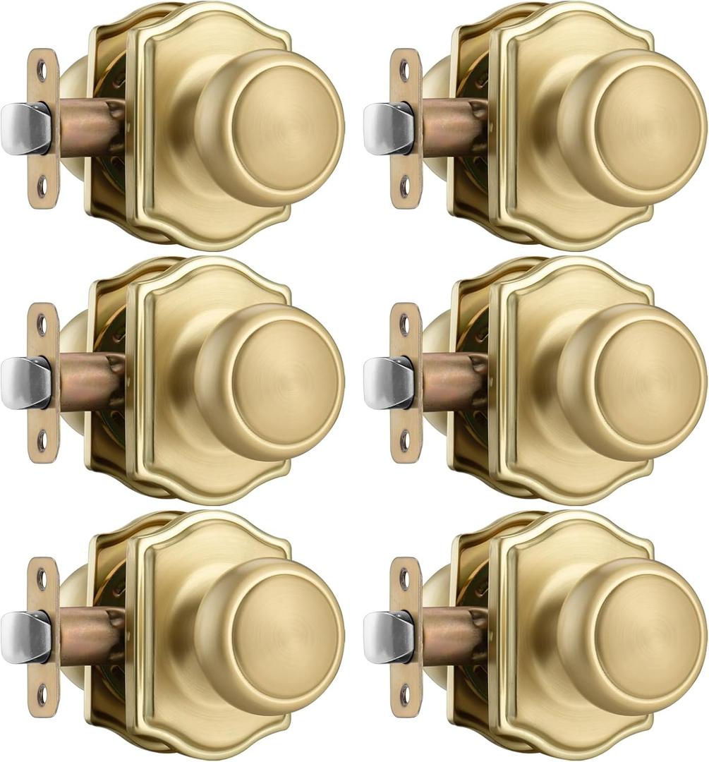 6 Pack Gold Door Knobs with Camelot Trim,Interior Door Knob with Lock,Coastal Door knob for Hall & Closet, Satin Brass