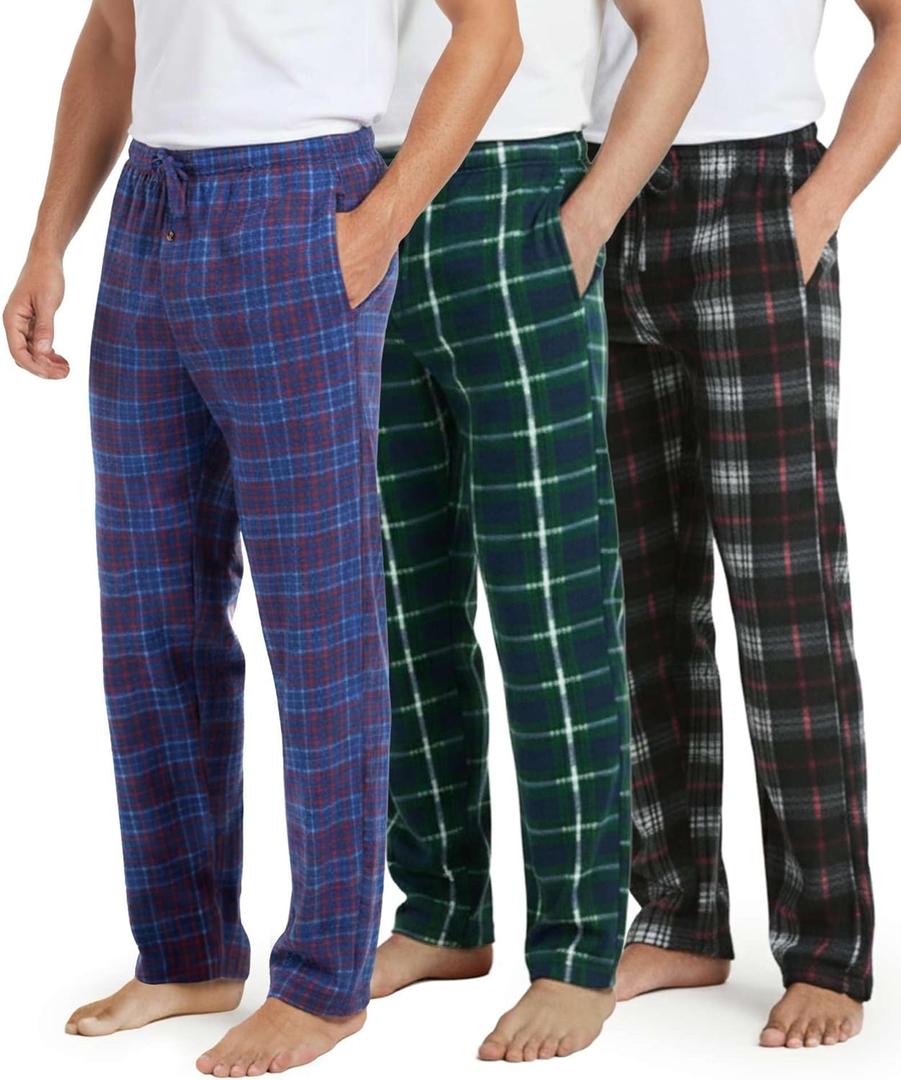Real Essentials 3 Pack: Men's Fleece Pajama Pants, Loungewear Soft PJ Bottoms Sleepwear Pockets, Small