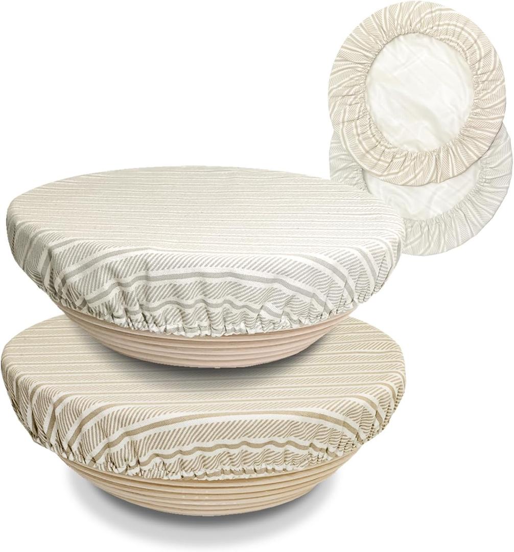 Reusable Bowl Covers for Bread Proofing(2-Pack)  Double-Layer Linen & Food-Grade TPU Liner  Elastic Cloth Cover for Sourdough, Dough Proofing, Fermentation, Food Storage (Almond & Gray)