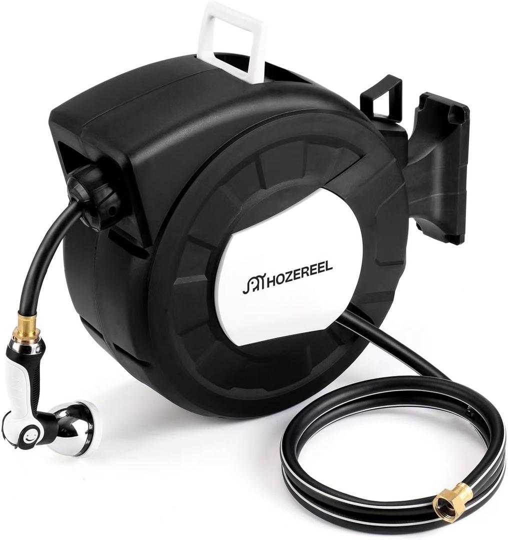 100 FT x 1/2" Retractable Garden Hose Reel by HOZEREEL, Decorative Outdoor Garden Hose Reels - Automatic Self Retract Wall Mount Hose Reel Enclosed Storage, Any Length Lock, 10 Pattern Nozzle Black