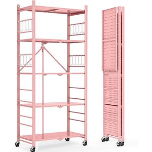 Himix Storage Shelves with 20 Hooks, 5-Tier Foldable Shelves for Storage, Folding Shelf Unit Pantry Shelves with Wheels, Standing Shelving Unit for Kitchen Garage Home Office Room Greenhouse, Pink