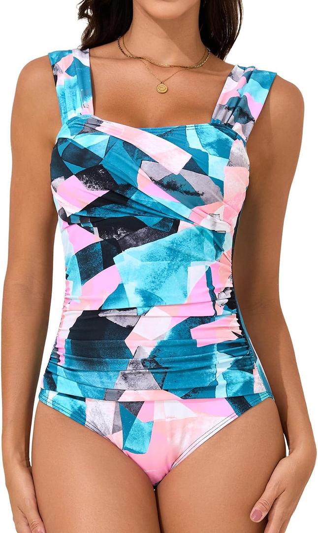 One Piece Bathing Suit for Women Tummy Control Swimsuits Square Neck Ruched Modest Swimwear (Large, Colorful Blocks)