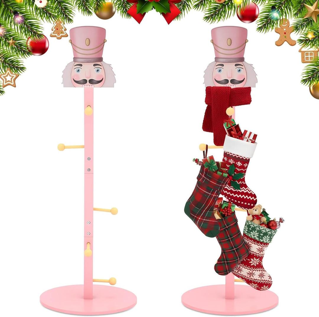 Novabright Christmas Stocking Holder Stand Xmas Freestanding Stocking Holder Stand Wooden Tree Coat Rack for Floor Bedroom Fireplace Mantle Scarf Belt Hat Holiday Decor 47 Inch(Nutcracker)