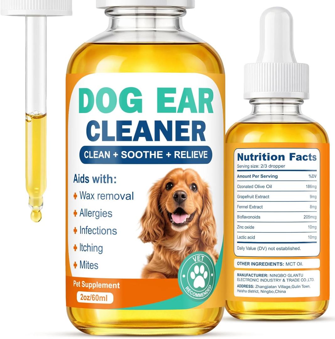 Dog Ear Cleaner and Infection Treatment,Natural Ear Drops for Dogs, Gentle Relief for Itching, Irritation, Wax Build-Up & Infections,Safe Ear Cleaning Solution for All Breeds & Ages (60ML)