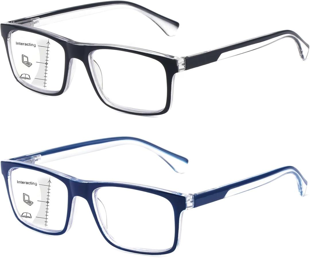 Missfive 2-Pack Mens Light Multifocus Progressive Reading Glasses Blue Light Blocking, Multifocal Spring Hinge No-Line Quality Trifocal Readers Comfort Eyeglasses (Workspace For Near Range, 3.0x)