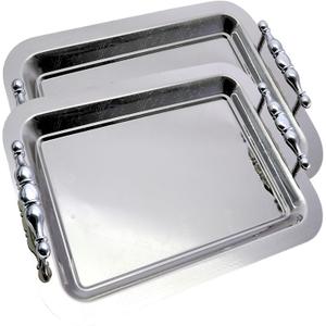 (Pack of 2) 14.2 Inch x 10.2 Inch Oblong Chrome Plated Mirror Serving Tray with Handles Stylish Design Floral Engraved Edge Decorative Party Wedding Buffet Wine Platter Plate