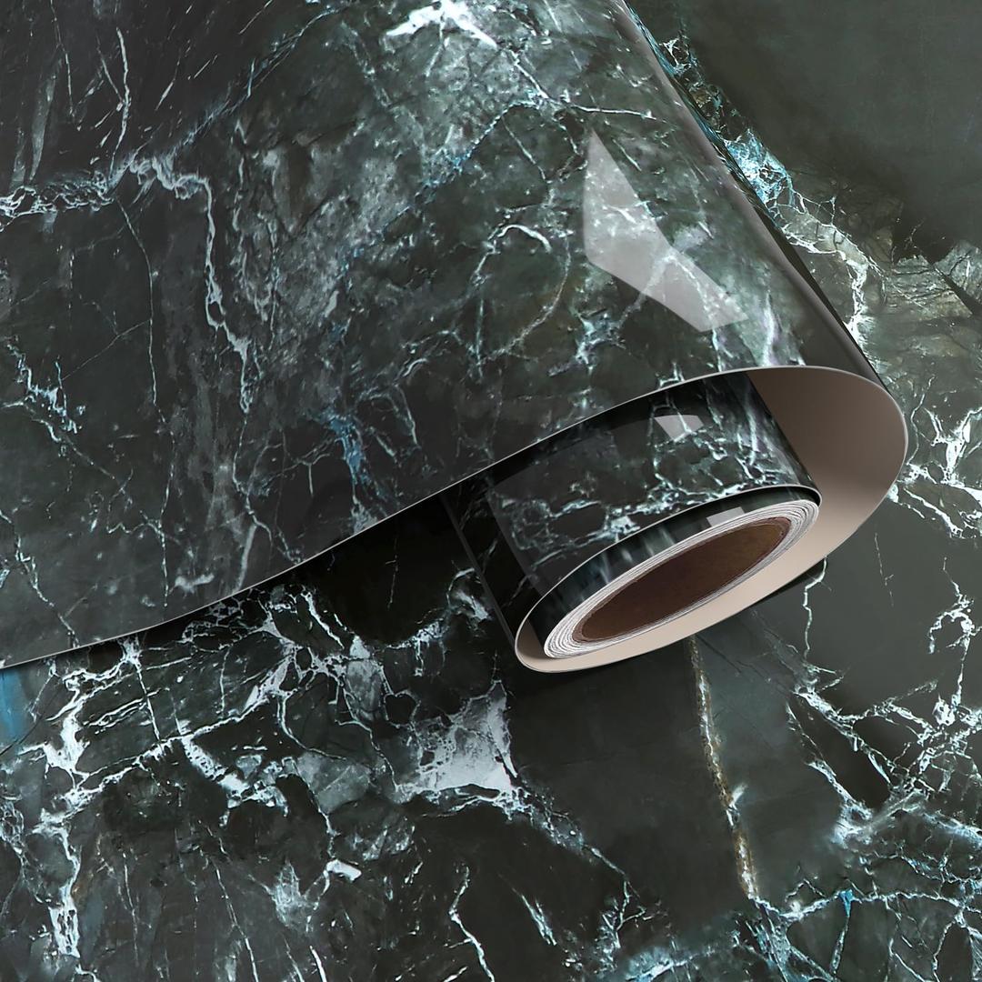 VaryPaper 32"x354" Black Green Marble Peel and Stick Wallpaper Marble Contact Paper for Countertops Waterproof Counter Top Vinyl Wrap Removable Self Adhesive Granite Wall Paper for Kitchen Bathroom