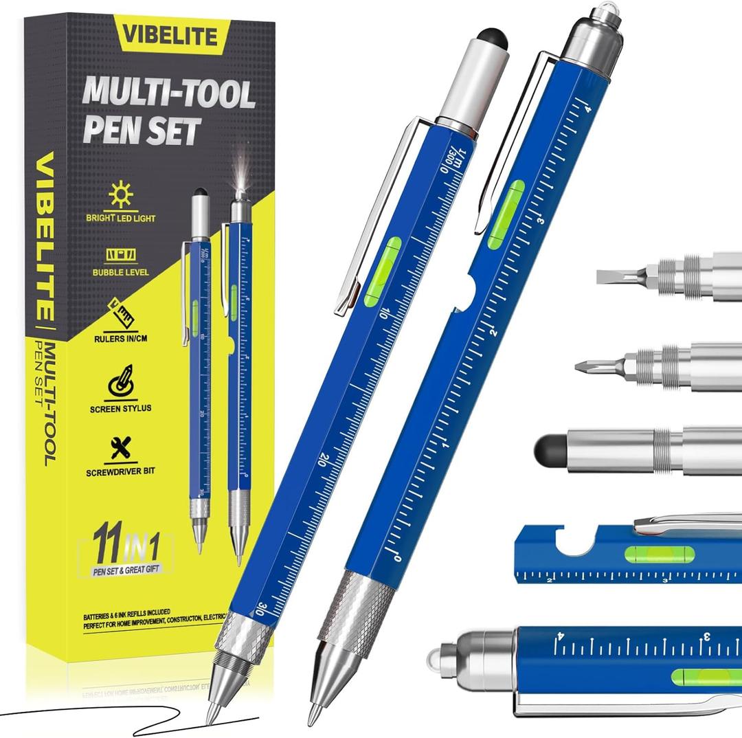 VIBELITE 11 in 1 Multitool Pen Set with LED, Stylus, Level, Screwdriver, Flathead, Valentines Day Gifts for Him, Men, Teen Boys, Husband, Women, Mens Gifts from Daughter, Wife, Son, Blue, 2 Pack