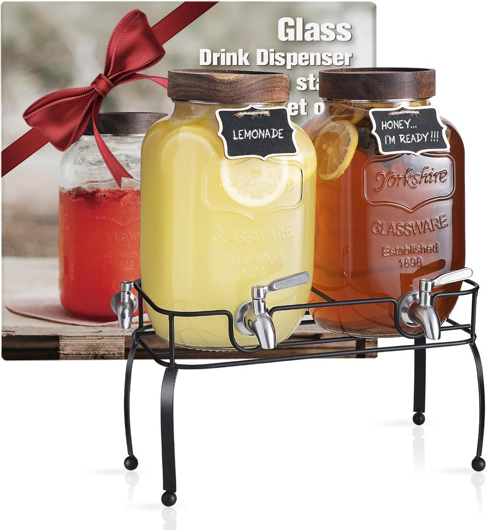 mustry Glass Drink Dispenser for Parties, 1 Gallon Beverage Dispenser with Stand and Spigot Solid Stainless Steel, Used as Lemonade Dispenser Sun Tea Jar Kombucha Jar, Set of 2