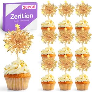 30 Pack Gold Firework Cake Toppers for Cupcakes and Desserts Sparkly Tinsel Cocktail Sticks for Celebration Anniversary Party Dcor