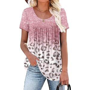 Women's Summer Short Sleeve Tunic Plus size ladies shirts Floral Blouse Loose Flowy Tops for Leggings M-4XL (3X-Large, A 01-pink Leopard)